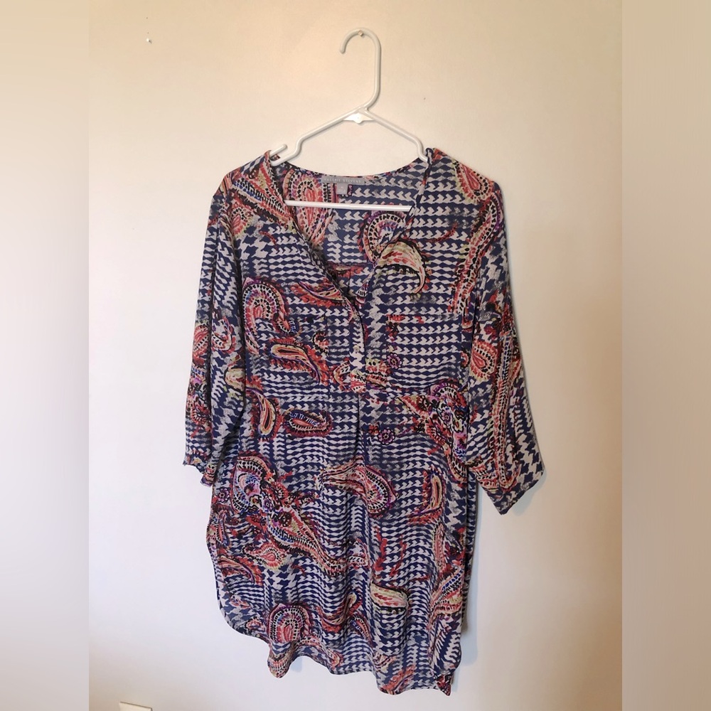 Vibrant Blue and Red Paisley Tunic with 3/4 Sleeves Lightweight & Flowy